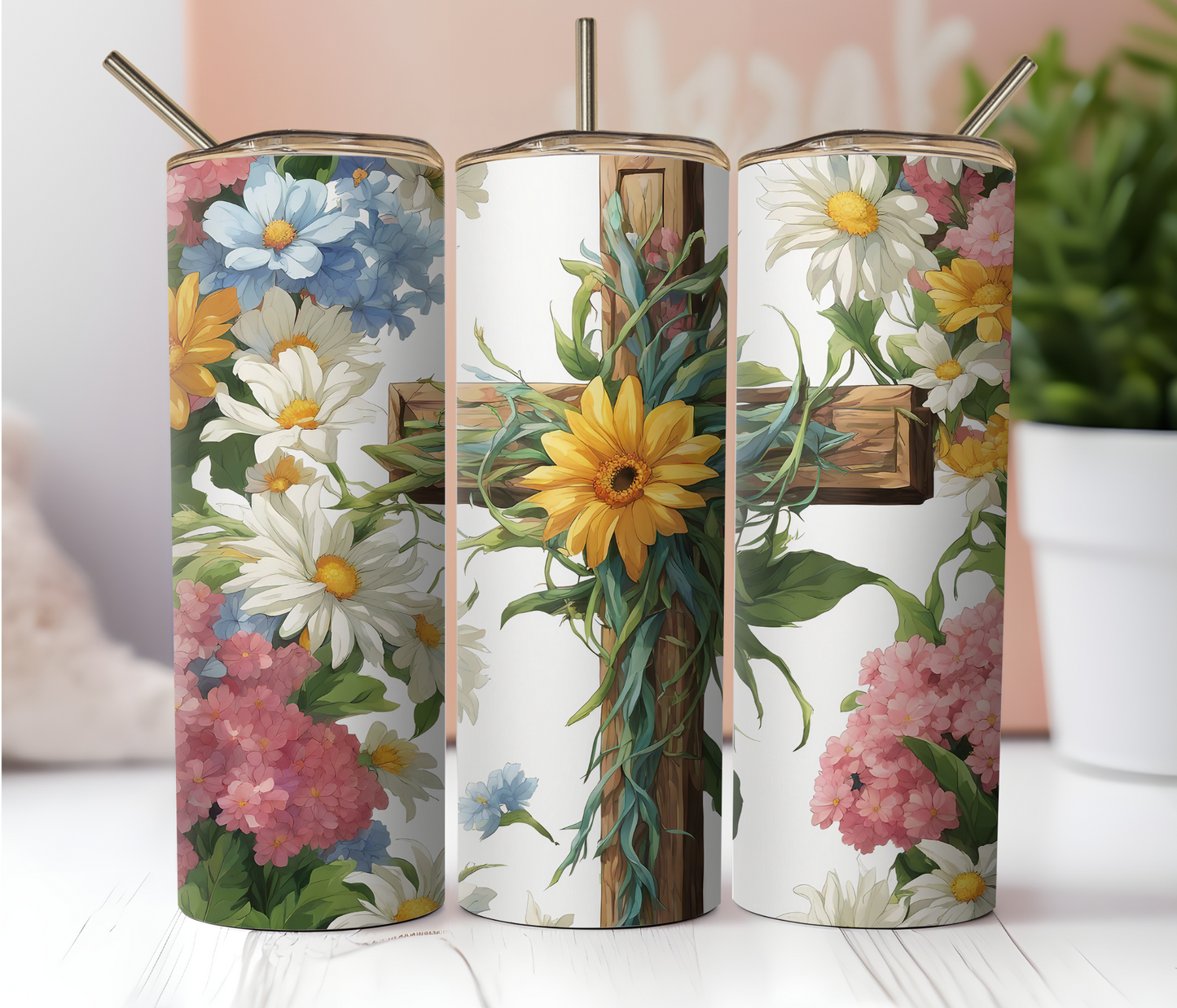 CHRISTIAN EASTER 20 OZ STAINLESS STEEL TUMBLER, CROSS WITH FLOWERS