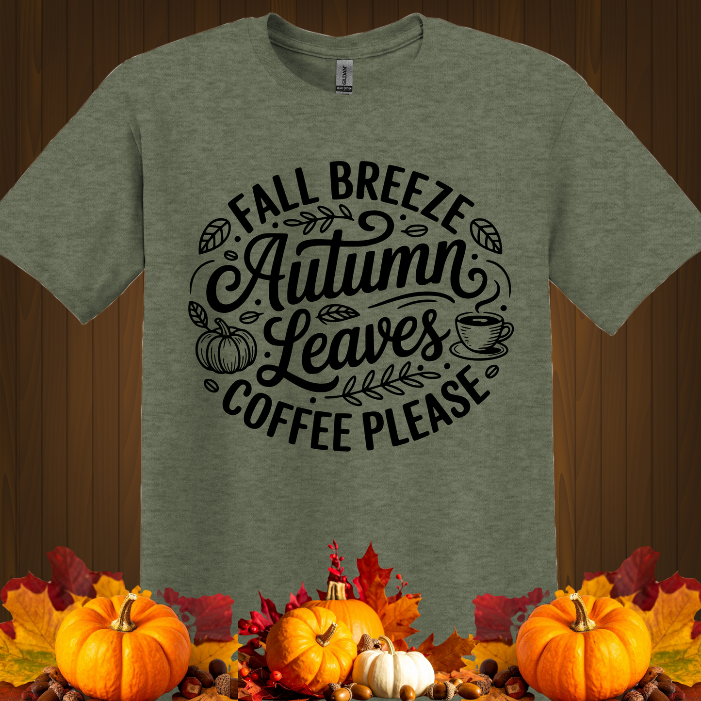 FALL GRAPHIC T-SHIRT-AUTUMN LEAVES AND COFFEE PLEASE