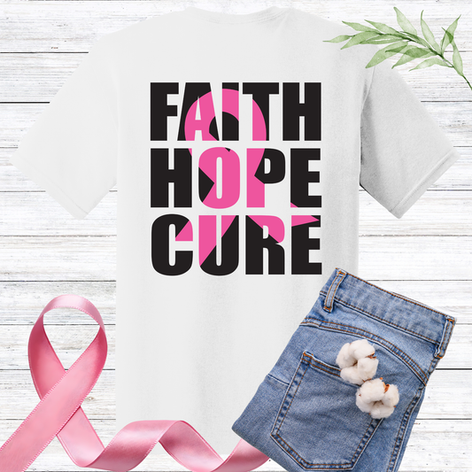 BREAST CANCER AWARENESS GRAPHIC T-SHIRT-FAITH, HOPE, CURE