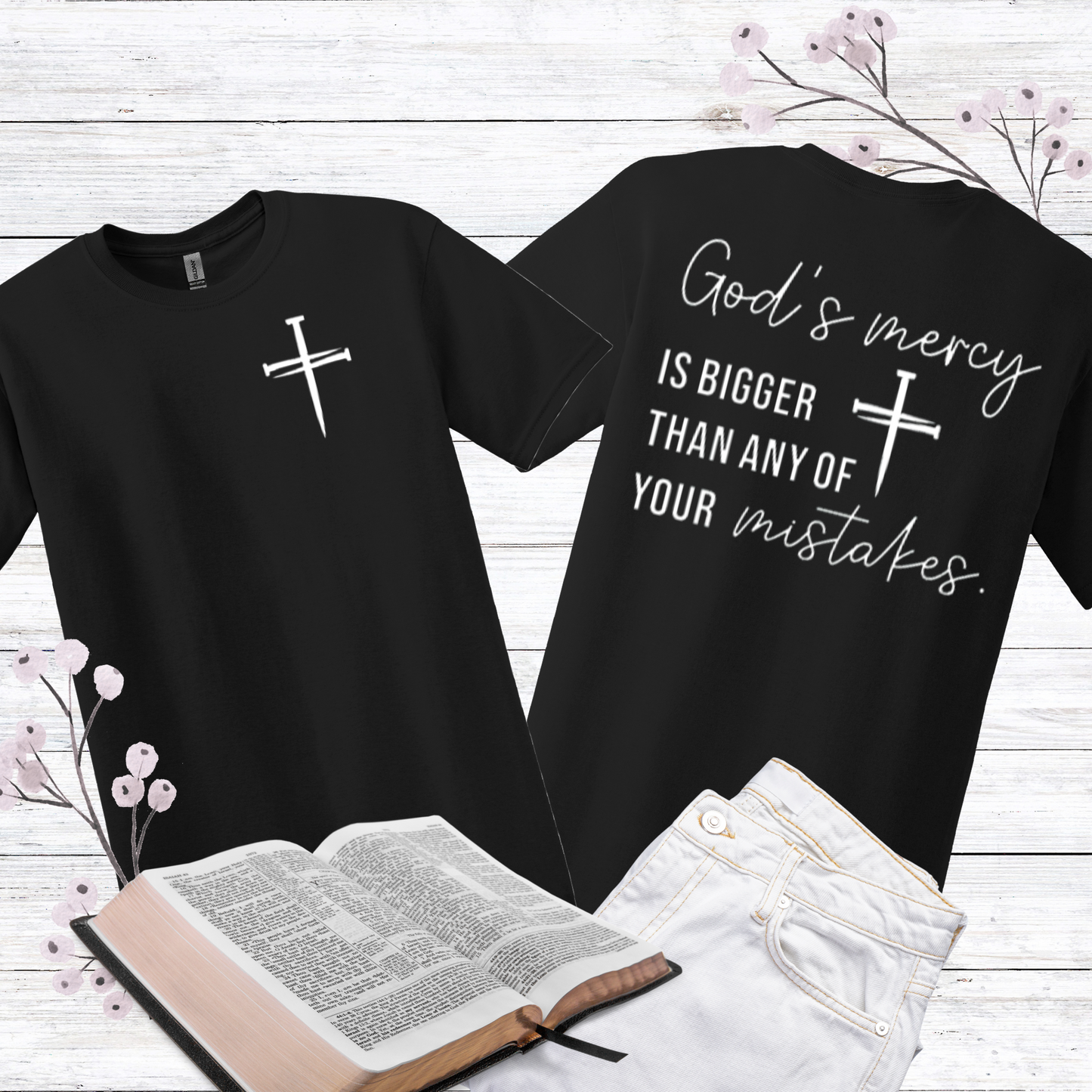 CHRISTIAN GRAPHIC T-SHIRT, GOD'S MERCY CROSS