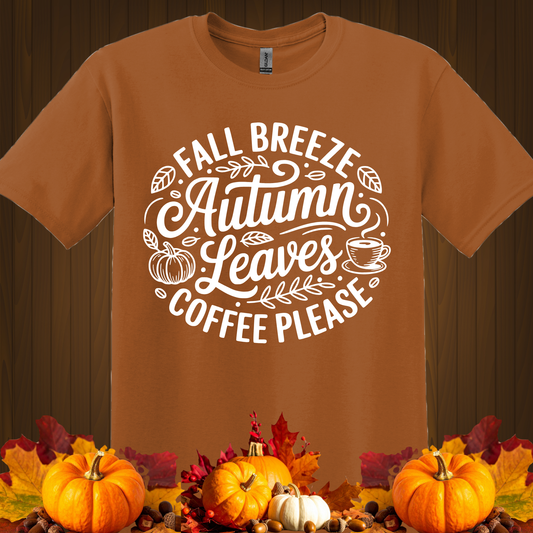 FALL GRAPHIC T-SHIRT-AUTUMN LEAVES AND COFFEE PLEASE
