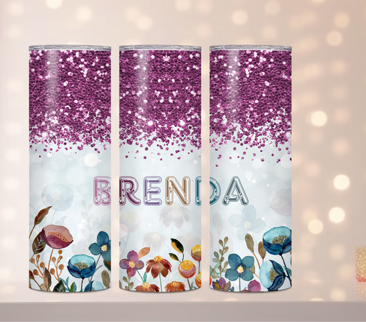 20oz SKINNY INSULATED TUMBLER...GLITTER FLOWERS PERSONALIZED