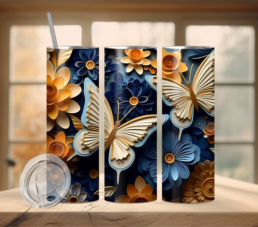 20oz SKINNY INSULATED TUMBLER...BLUE AND YELLOW BUTTERFLIES